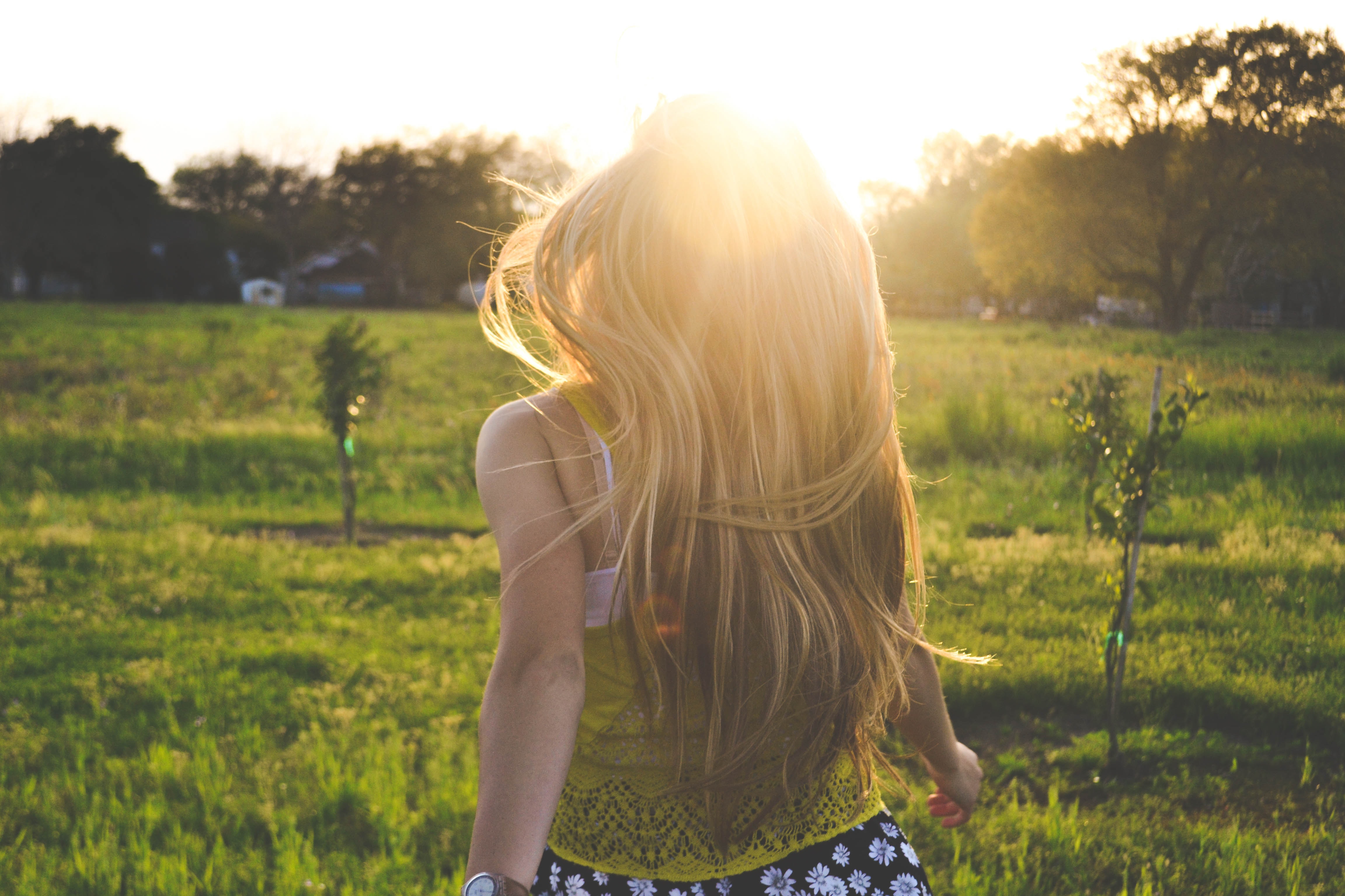 Young lady in a field watching the sunset